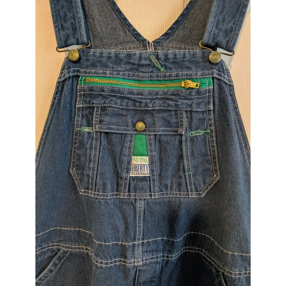 Liberty Mens Denim Bib Overalls Dark Wash Green Zipper 42x30 Workwear Utility - Picture 2 of 5